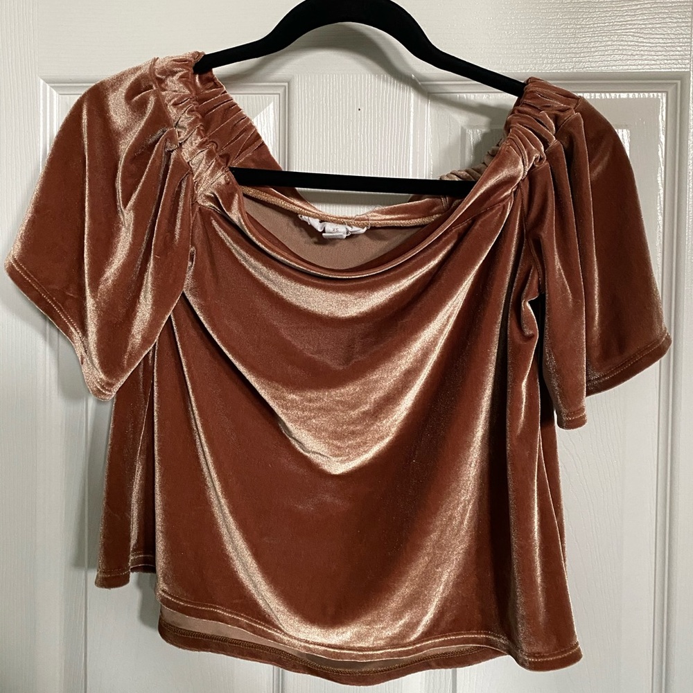Gold Silk off the shoulder blouse.